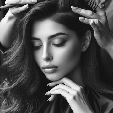 M&atilde;os abilidosas de uma cabeleireira fazendo um penteado em uma linda mulher.
