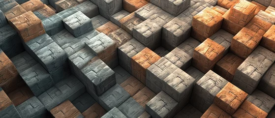 Fototapete Minecraft Cubes of earth, stone, and sand in the style of Minecraft. Abstract background or screensaver for a 34-inch widescreen monitor. AI generative.