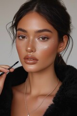 makeup poster, beautiful model in a black jacket holds a large makeup brush in her hand