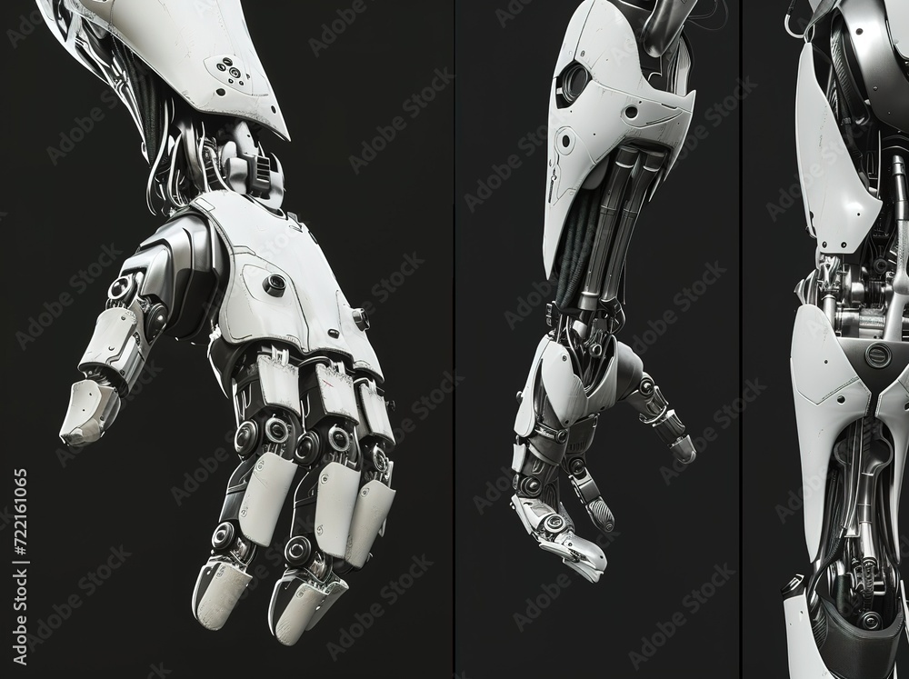 Poster advanced robotic hand and arm mechanics, an in-depth look at futuristic artificial intelligence tech