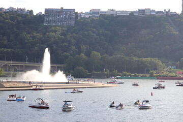 Panoramic view of downtown and river. Architecture of Downtown Pittsburgh. Southwest Pennsylvania...