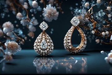 A mesmerizing arrangement of diamond earrings in different styles, the HD camera rendering the diverse shapes and materials in captivating