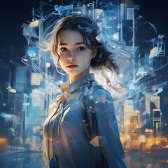 girl as a central figure, surrounded by symbols of technological progress and innovation