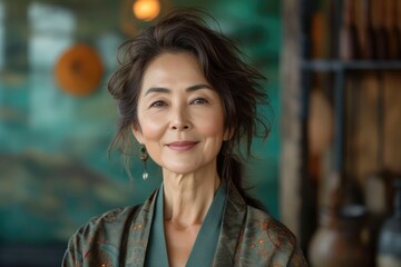 smiling mature japanese woman on emerald color background