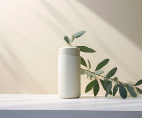 Mock up of natural beauty product. White cosmetic bottle with a branch with green leaves on a light neutral background with copy space. Soft image and soft focus style