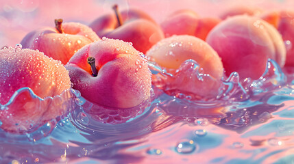 Pink Peach fruit in water with drops of water on a pink background