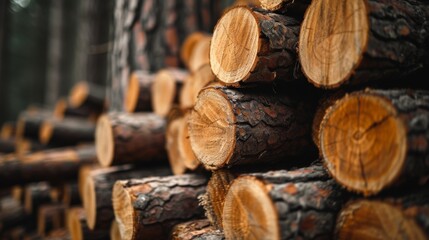 Forest pine and spruce trees. Log trunks pile, the logging timber wood industry. Wide banner or...