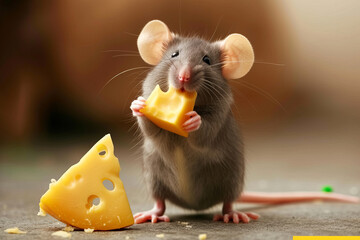 mouse and cheese. Little mouse. A hungry little mouse holds a piece of cheese in its paws. A cute little mouse eats a piece of cheese holding it with its paws. frightened mouse or hamster holds cheese - obrazy, fototapety, plakaty