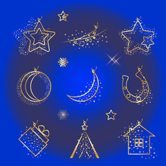 Merry Christmas and Happy New Year. Gold decorative jewelry. Золотые декоративные украшения на Новый год.