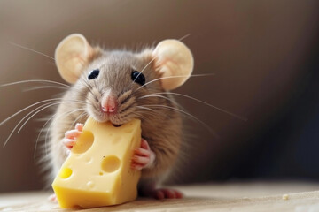 mouse and cheese. Little mouse. A hungry little mouse holds a piece of cheese in its paws. A cute...