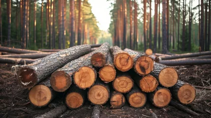 Foto op Aluminium Log spruce trunks pile. Sawn trees from the forest. Logging timber wood industry. Cut trees along a road prepared for removal. Panorama © PaulShlykov