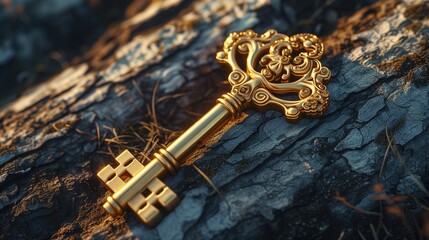 Fototapeta na wymiar Ornate Golden Key on a Textured Wooden Background