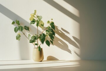 Beautiful house plant or pot on marble floor set beside the wall with sunbeam and shadow on light beige empty wall. Background, mockup backdrop. Green houseplant decoration. Products overlay