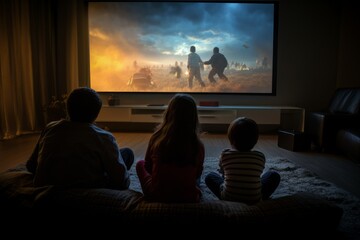 a family with children watches a video on a large home theater. Family leisure