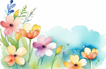 Watercolor drawing of summer flowers at the bottom of the frame and on the left, shapeless streaks of paint on a white background, a banner with a place for the inscription on the right side