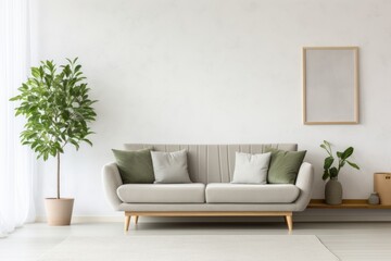 minimalistic interior in Scandinavian style. Modern light gray sofa, green potted plant, painting on the wall