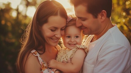 Joyful Family Embrace at Sunset: Parents with Their Smiling Baby Girl