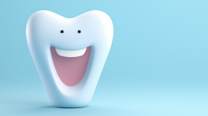 3D image of a smiling tooth on a light blue background, space for text. Background for dental themes