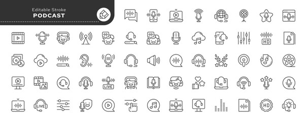 Set of line icons in linear style. Series - Podcast. Broadcasting, sound, microphone. Sound and video files. Outline icon collection. Pictogram and infographic. Editable stroke.