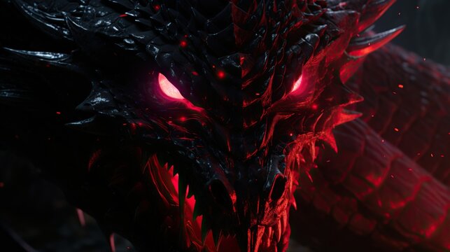 Black Scaled Dragon, Neon Red Eyes, Roaring, Sharp Teeth, Cinematic 4k, Epic Detailed 4k, Main Color Code E50000 --ar 16:9