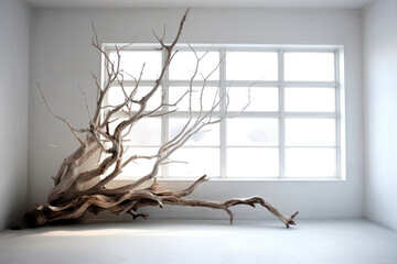 Dry tree branch in white room abstract background. Generative ai.