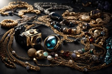 A visually stunning scene featuring a collection of diverse necklace designs, the HD camera revealing the play of light on different metals and gemstones, presented in enchanting