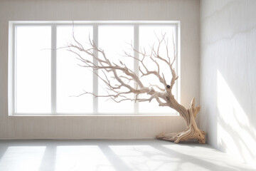 Dry tree branch in white room abstract background. Generative ai.