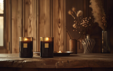 Burning candles on wooden table in cozy room. Interior design 