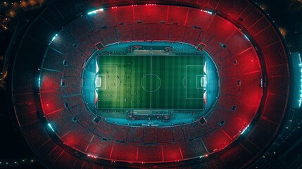 An aerial view of a soccer stadium, evening time. bird's eye stadium view in evening time.
