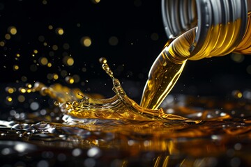 pouring oil from silver plastic canister in black background.
 