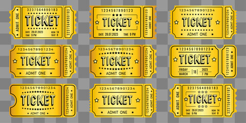 Set of golden admit one tickets, vector, template for cinema, film, exhibition, club. - obrazy, fototapety, plakaty