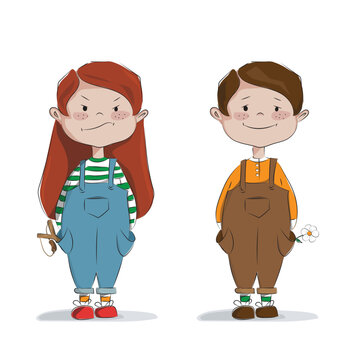 Little boy and girl cartoon. Vector, hand-drawn illustration . Each on a separate layer.