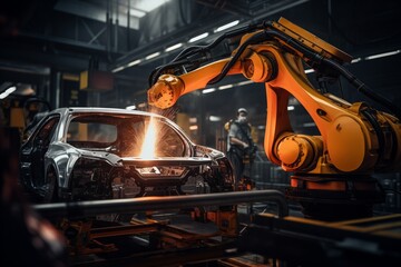 Fototapeta premium welding robot is working in line production of automotive factory. 