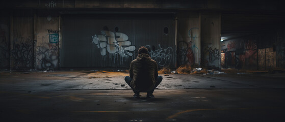 Solitary Figure in Urban Graffiti Tunnel.