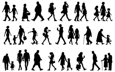 Obraz premium Vector illustration. Set of silhouettes of walking people. Walk. Sticker. Minimalism.
