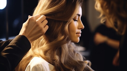 Fototapeta premium Hairstylists hands create chic hairstyle, salon lighting accentuates artistry.
