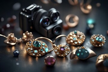 A captivating scene showcasing a variety of earrings, the HD camera revealing the play of light on different metals and gemstones, rendering the image in breathtaking