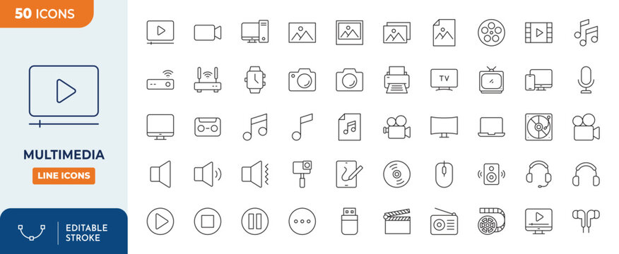 Multimedia Line Editable Icons set. Multimedia icons Pixel perfect. Containing photo, video, music, audiovisual equipment, and more. Editable stroke. Vector illustration	