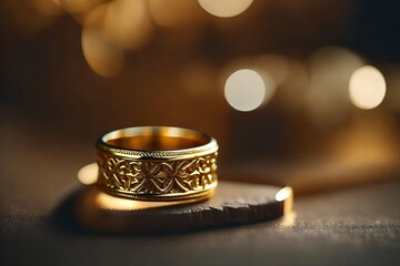 A beautifully crafted gold ring displayed against a neutral background, the HD camera capturing the warm tones and exquisite design in realistic