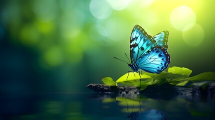 beautiful butterfly on a green branch, water on the background bokeh effect
