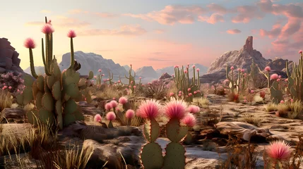 Fotobehang cactus plants with pink blooms in the desert, pink and green desert flora © Ziyan