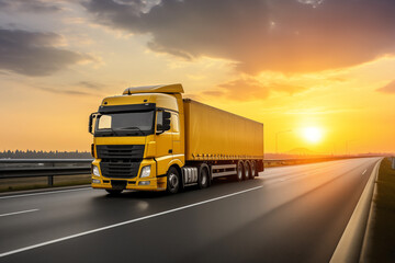 At sunset, semi truck is pulling a trailer container on an asphalt highway for transportation of cargo AI Generation