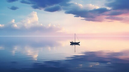 A lone boat sailing on a calm and reflective ocean. - obrazy, fototapety, plakaty