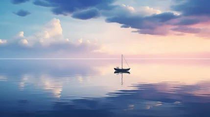 Foto op Canvas A lone boat sailing on a calm and reflective ocean. © CREATER CENTER