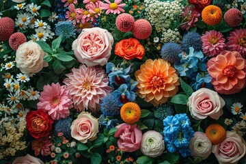 Overhead shot of a white blank card being framed by blooming flowers in various colors