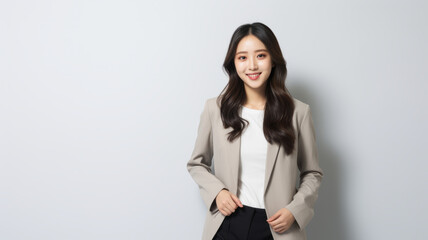 Engaging Korean student with charming smile, sleek black hair, donning blazer over white tee and jeans, in well-lit studio.