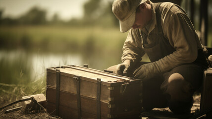 An American worker holds a toolbox, ready to labor under the sun.