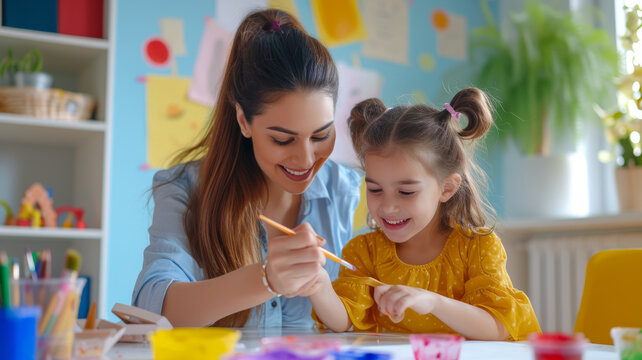 A girl and her mom happily paint together in a colorful childrens room.