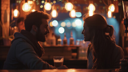 In a cozy cafe, a couple converses at the bar, bathed in warm and inviting lighting. - obrazy, fototapety, plakaty