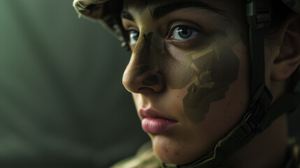 Young female soldier wearing army war camouflage face paint. AI generated